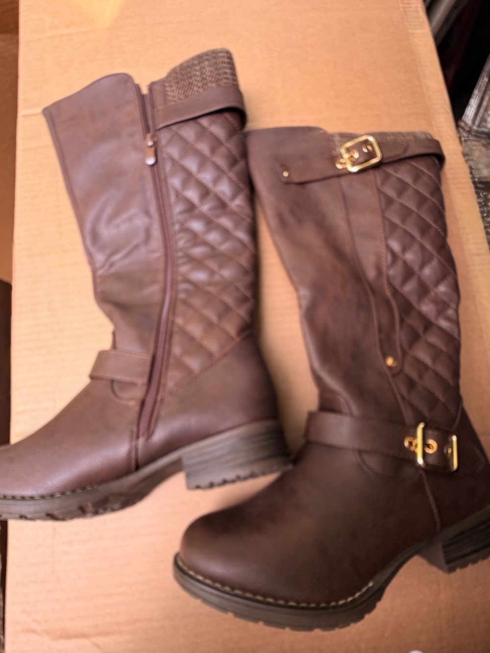 Global Win Quilted Brown Mid-Calf Riding Boots with Gold Buckles